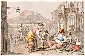 Water color; A woman selling roasted corn
