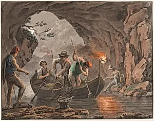 Water color; Night Fishing at the Entrance to a Cave