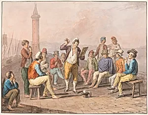 Water color; Rinaldo Rinaldini is reciting upon the jetty