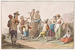 Water color; Two peasants dancing to the music of bagpipe and horn
