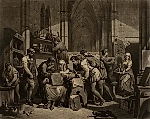 William Caxton--Examining First Proof Sheet from His Printing Press in Westminster Abbey, A.D. 1474