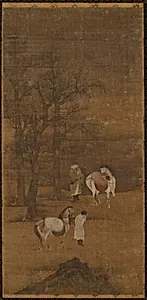 Winter landscape with horses and grooms