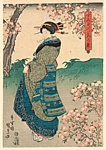 Woman viewing Cherry Blossoms on the Bank of the Sumida River (Sumidagawa hana no kei)