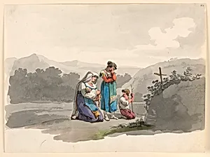 Woman with a Baby Praying Before the Cross Marking the Place Where Her Husband was Killed