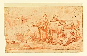 Women doing washing near a cow-herd