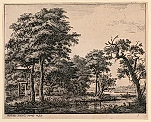Wooded Landscape With a Stream and Fisherman
