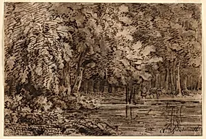 Woodland Scene with Animals Drinking
