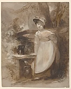 Young girl getting water at a spring