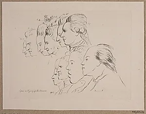 10 portrætter: Enevold Brandt, Johann Friedrich Struensee, Caroline Mathilde, Julieane Marie, Arveprins Frederik, Christian VII, Marie Jeanne Clemens, J. F. Clemens, Jens Juel og Nicolai Abildgaard by Madsen, A.P.