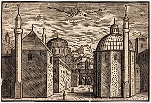 3 moskéer, hver med 1 minaret; i himlen en flyvende drage med lang hale by Melchior Lorck