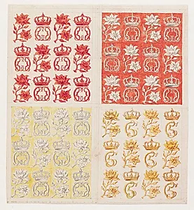 4 stofmønstre med Christian V's monogram, i varierende farver
