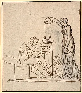 A genio lumen. En siddende kvinde skriver, til højre for denne gyder en anden kvinde olie på en lampe by Nicolai Abildgaard