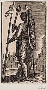Åben plads med stående, turbanbærende soldat set bagfra; på hans ryg et skjold prydet med ørnevinge, i hans v. hånd en vimpelsmykket lanse, med sin h. hånd løfter han en stridskølle by Melchior Lorck