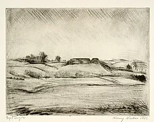 Åbent landskab med gård by Henry Nielsen