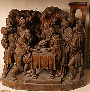 Abraham giver tiende til Melkisedek i (Jeru-)Salem. Del af predella til altertavle by Ubekendt