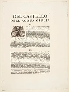 Acqua Giulia-fontænen. Tekstblad med bogstavet "T" indfældet i ornamentik by Giovanni Battista Piranesi