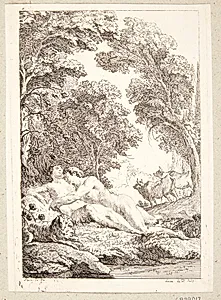 Adam og Eva sovende i det jordiske Paradis. Illustration til "Le Paradis Terrestre, poême imité de Milton...", 1748