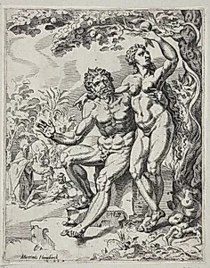 Adam og Eva spiser af den forbudne frugt by Dirk Volkertsz. Coornhert