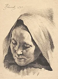 Ældre kone med hætte over hovedet by Frans Schwartz