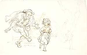 Ældre mand og lille pige der danser by Lorenz Frølich