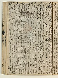 Afskrift fra Blichers novelle "Bettefanden", p. 117 l.17-24, p. 118 l. 7-8, 18-19 & 25, p. 120 l. 26-33, under skriften figurskitser. Fortsætter over midten by Niels Larsen Stevns