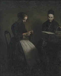 Afteninteriør. Kunstnerens moder og hustru by Vilhelm Hammershøi