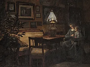 Afteninteriør. Moder og barn by Sigurd Wandel