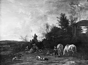 Aftenlandskab med hvilende jægere by Philips Wouwerman