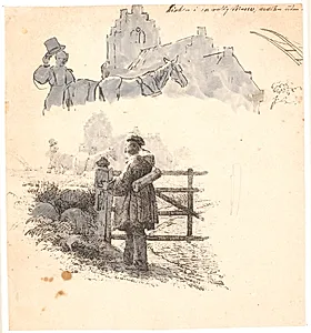Aftenstunden. F.o. studie af bonde-manden ved kirken. Illustration til Kaalunds "Fabler for Børn". Se kommentar fra arkkatalog. by Johan Thomas Lundbye