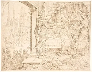 Ahasverus beder Haman om råd by Maarten van Heemskerck
