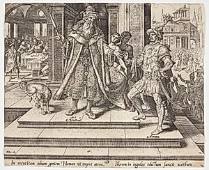 Ahasverus befaler udryddelsen af det jødiske folk by Philips Galle
