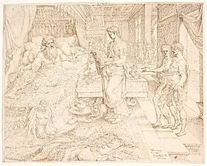 Ahasverus får, når han ikke kan sove, læst op af krøniken by Maarten van Heemskerck