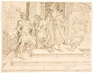 Ahasverus giver seglringen til Haman by Maarten van Heemskerck
