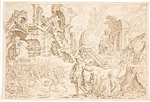 Akan og hans familie bliver stenet by Maarten van Heemskerck