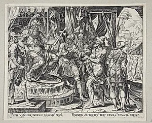 Akior taler israelitternes sag over for Holofernes by Philips Galle