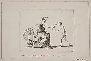 Allegori med Påfugl, siddende kvinde og en ung mand by Gerhard Ludvig Lahde