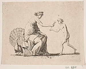 Allegori med Påfugl, siddende kvinde og en ung mand by Gerhard Ludvig Lahde