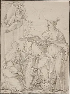 Allegori med to kvindefigurer, den ene med et våbenskjold, repræsenterende troen by Giovanni Odazzi