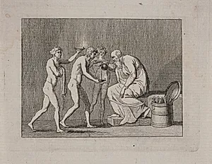 Allegori med tre ynglinge og en gammel mand i antik dragt. by Gerhard Ludvig Lahde