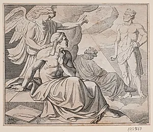 Allegorisk blad. En engel lægger hånden på en mands skulder og peger på en statue by H.C. Henneberg