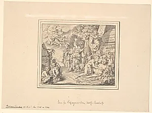 Allegorisk blad med den drukne Silen og andre mytologiske og allegoriske figurer ved en sarkofag med indskriften: "Sepulcrum pudicitiae mortae" by Marcus Tuscher