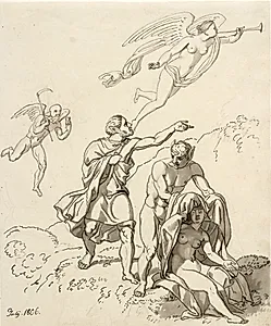 Allegorisk komposition; et par unge mænd med æselører og en siddende nøgen kvinde, i baggrunden Tiden og Fauna svævende by C.W. Eckersberg