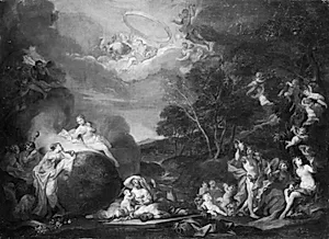 Allegorisk komposition med bl.a. Bacchus, Ceres, Flora og Apollon by Alessandro Marchesini