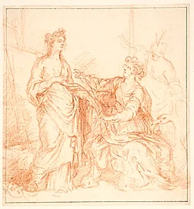 Allegorisk komposition med tre kvindelige figurer foran et billede på et staffeli, den ene med en maske ved sine fødder, en anden ledsaget af en svane by Ubekendt