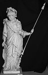 Allegorisk kvindefigur med hjælm og lanse, Tapperhed. Marselis slægtens gravmæle by Ubekendt