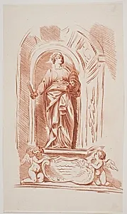 Allegorisk kvindeskikkelse i gevandt med nøgle, tiara og en stav (?). Stående i en niche. Forneden to englebørn og et skjold (?)