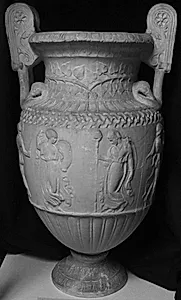 Amfora (volut-krater). Hermes og Artemis ved alter, dansende satyr, mænader og våbendanser by Ubekendt