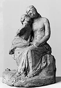 Amor hvisker en ung pige i øret. Siddende ung pige lytter til Amor, der kravler op på hendes skød by J.A. Jerichau (I)