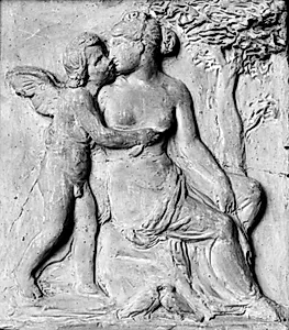Amor og Psyke. Siddende Psyke omfavnes og kysses af den bevingede Amor by H.W. Bissen