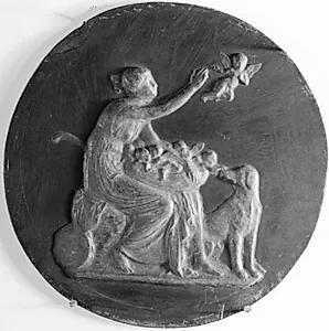 Amorinsalget. Efter relief af Thorvaldsen. Forarbejde til biscuitmedaljon udført 1845 på Den kgl. porcelænsfabrik